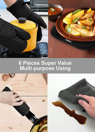 KEGOUU Oven Mitts and Pot Holders 6pcs Set, Kitchen Oven Glove High Heat Resistant 500 Degree Extra Long Oven Mitts and Potholder with Non-Slip Silicone Surface for Cooking (Black)