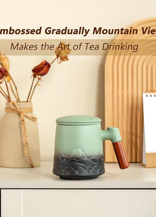 ZENS Tea Mug with Infuser and Lid for Loose Leaf Tea Steeper, 16.9 oz Embossed Ceramic Tea Cup with Fine Strainersand Wood Handle, Diffusers Accessories for Tea Lovers Gifts