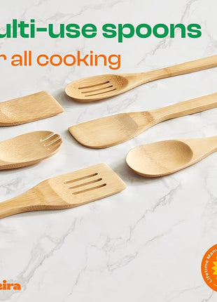 Riveira Bamboo Cooking Spoons 6-Piece – Wooden Cooking Utensils Set with Wooden Spoons for Cooking & Spatulas Wooden Utensil Sets – Premium Kitchen Utensils Set – Durable First Apartment Essentials