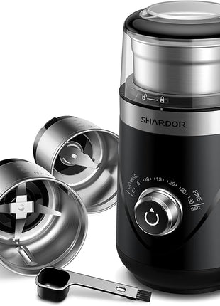 SHARDOR Electric Super Silent Blade Coffee Grinder, Timed Grind Control Rotary Knob, Adjustable Coarse to Fine for Coffee Beans, Spices & Herbs, with 2 Removable Stainless Steel Bowl, Black