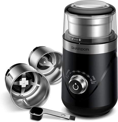 SHARDOR Electric Super Silent Blade Coffee Grinder, Timed Grind Control Rotary Knob, Adjustable Coarse to Fine for Coffee Beans, Spices & Herbs, with 2 Removable Stainless Steel Bowl, Black