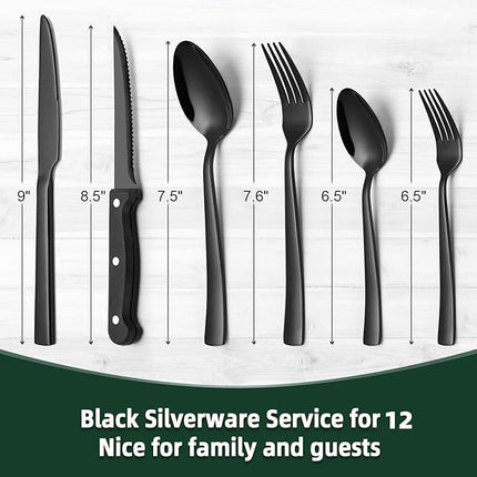 72-Piece Stainless Steel Black Silverware Set - CEKEE Flatware Kitchen Utensils Set, Cutlery Set for Home & Restaurant, Premium Knife Fork Spoon Set with Steak Knives, Heavy Duty & Dishwasher Safe