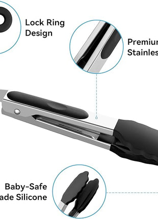 7-Inch Silicone Tongs Pack of 3, Small Tongs with Silicone Tips for Cooking, Barbecue, Buffet Serving (7", Black/Grey/White)