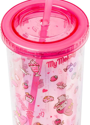 Silver Buffalo Sanrio Hello Kitty and Friends My Melody Strawberry Donut and Milkshake Pattern Plastic Cold Cup with Lid and Straw, 20 Ounces