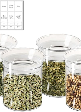 ZENS 10oz Glass Jars with Airtight Lid, 4 Pack Glass Kitchen Canisters Set for Spice, Loose Tea, Small Clear Glass Storage Jars with Labels for Herbs, Sugar