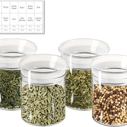 ZENS 10oz Glass Jars with Airtight Lid, 4 Pack Glass Kitchen Canisters Set for Spice, Loose Tea, Small Clear Glass Storage Jars with Labels for Herbs, Sugar