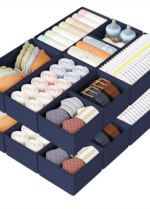 DIMJ Drawer Organizers Clothes, Set of 16 Dresser Organizer Bins, Fabric Closet Organizers and Storage, Shallow Drawer Dividers for Nursery, Clothing, Baby Clothes, Socks, Underwears, Tie (Navy Blue)