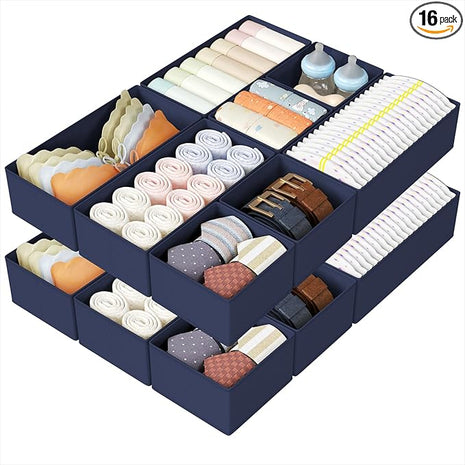 DIMJ Drawer Organizers Clothes, Set of 16 Dresser Organizer Bins, Fabric Closet Organizers and Storage, Shallow Drawer Dividers for Nursery, Clothing, Baby Clothes, Socks, Underwears, Tie (Navy Blue)