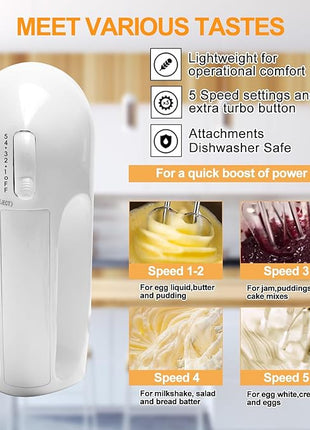 5-Speed Electric Hand Mixer, 4 Large Mixing Bowls Set, Handheld Mixers with Whisks Beater, Stainless Steel Metal Nesting Bowl Measuring Cups Spoons Kitchen Cake Blender for Baking Supplies