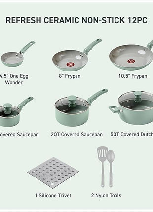 T-Fal Refresh Ceramic Nonstick Cookware Set, Oven Safe Up to 350ºF, 12-Piece, Includes Stockpot, Griddle, Frying Pans, Utensils, Ceramic Pots and Pans Set, Mint Green