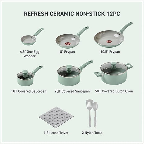 T-Fal Refresh Ceramic Nonstick Cookware Set, Oven Safe Up to 350ºF, 12-Piece, Includes Stockpot, Griddle, Frying Pans, Utensils, Ceramic Pots and Pans Set, Mint Green
