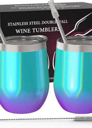 CHILLOUT LIFE 12 oz Stainless Steel Wine Tumblers 2 Pack - Double Wall Vacuum Insulated Wine Glasses Cups with Lids and Straws Set Keeping Cold & Hot for Coffee, Beer, Ice Cream - Mermaid Sparkle