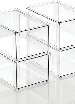 mDesign Plastic Pantry Organization and Storage Bin w/Pull Out Drawer - Stackable Kitchen Supplies Storage Container for Organizing Cabinet, Fridge, Freezer - Lumiere Collection - 4 Pack, Clear