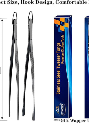 JETKONG 2 Pcs 12-Inch Food Tweezer Tongs, Stainless Steel Kitchen Tweezer Cooking Tweezers (Black)