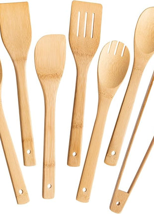 Wooden Spoons for Cooking 7-Piece, Kitchen Nonstick Bamboo Cooking Utensils Set, Durability Wooden Spatula Spoon for Everyday Use, Smooth Edge