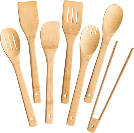 Wooden Spoons for Cooking 7-Piece, Kitchen Nonstick Bamboo Cooking Utensils Set, Durability Wooden Spatula Spoon for Everyday Use, Smooth Edge