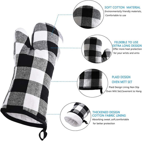 Oven Mitts and Potholders BBQ Gloves-Oven Mitts and Pot Holders with Recycled Infill Silicone Non-Slip Cooking Gloves for Cooking Baking Grilling (4-Piece Set) (Black/White)