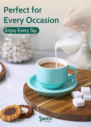 Sweese 4 Ounce Porcelain Stackable Espresso Cups with Saucers and Metal Stand Set of 4, Turquoise