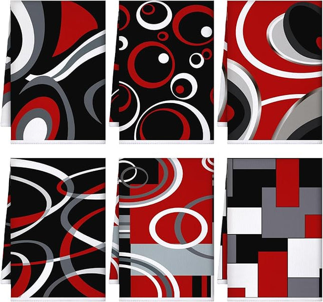 Boyiee Set of 6 Red Black Grey White Kitchen Towels Modern Geometric Dish Hand Towels 24 x 16 Inches Gifts Decorative Tea Cloth Gifts for Farmhouse Kitchen Bathroom Decorations