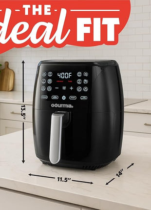 Gourmia Air Fryer - 6 Qt Large Capacity, FryForce 360º, Digital Display with 12 Presets, Roast, Bake, Broil, Dehydrate, Dishwasher Safe Accessories, Black