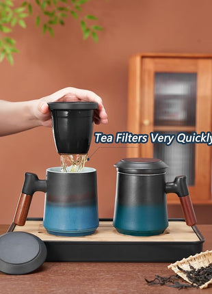 ZENS Gradient Blue Tea Cup with Infuser and Lid, 14.5oz Wood Handle Tea Mug, Loose Leaf Tea Steeper & Strainer, Tea Lovers Gifts