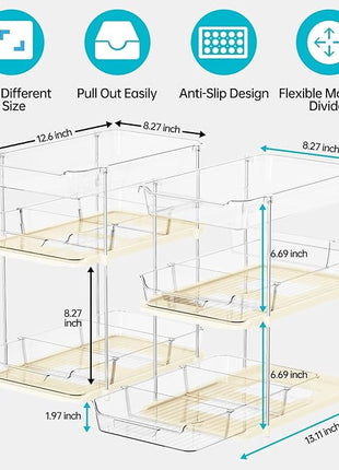 Delamu 2 Pack 3-Tier Bathroom Under Sink Organizers and Storage, Multi-Purpose Stackable Pantry Organization and Storage, Pull Out Clear Kitchen Bathroom Cabinet Organizer with Movable Dividers, Beige