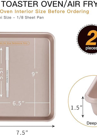 HONGBAKE Toaster Oven Pan Nonstick Set of 2, Premium 1/8 Sheet Pan for Baking, Small Cookie Sheet Tray, Dishwasher Safe and Heavy Duty - Rose Gold