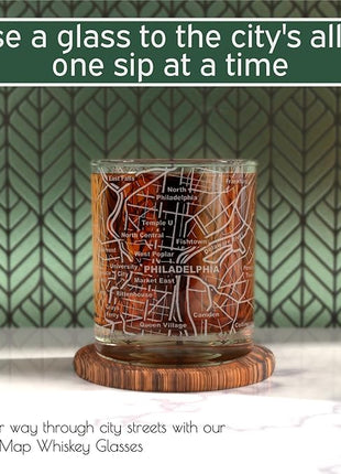 Greenline Goods Whiskey Glasses - 10 Oz Tumbler Gift Set for Philadelphia lovers, Etched with Philadelphia Map | Old Fashioned Rocks Glass - Set of 2