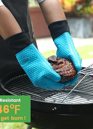 GEEKHOM BBQ Gloves Heat Resistant Oven Mitts - Silicone Grilling Gloves with 14" Long Arm Protection - Waterproof Pot Holder Non-Slip for Men & Women, Kitchen Cooking, Baking, Camping, Blue