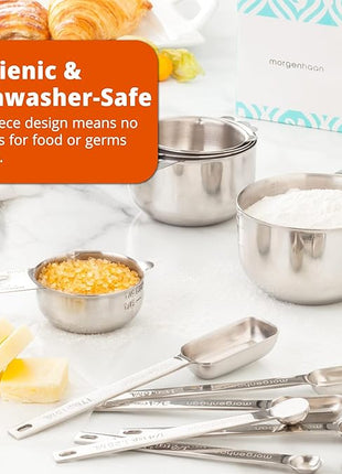 Heavy-Duty 304 Stainless Steel Measuring Cup Set (18-Piece) - Stackable, Dual Metric/US, Long & Narrow Spoons for Spice Jars + 5 Mini Spoons