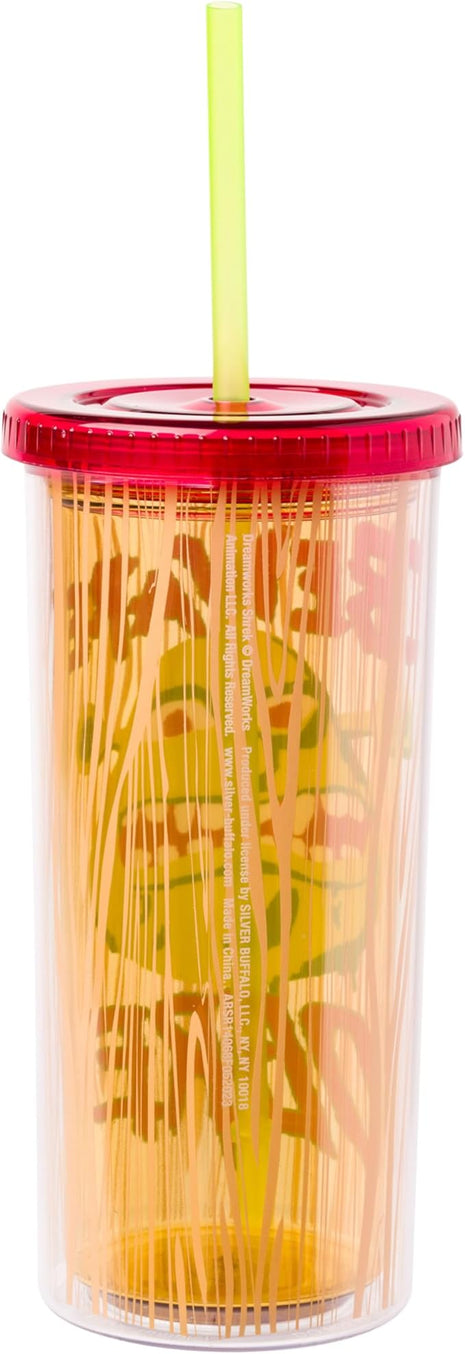 Silver Buffalo Shrek Beware Ogre Plastic Tall Cold Cup with Lid and Straw, 20 Ounces