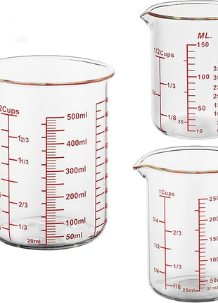 3 Piece Glass Measuring Cup Set, Includes 1/2-Cup, 1-Cup, and 2-Cup High Borosilicate Glasss Liquid Measuring Cups, Dishwasher, Freezer, Microwave, and Preheated Oven Safe, Essential Kitchen Tools