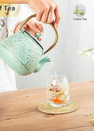 Tea Kettle, TOPTIER Japanese Cast Iron Tea Kettle with Infuser for Loose Leaf and Tea Bags, Stovetop Safe Cast Iron Teapot Coated with Enameled Interior for 40 oz (1200 ml), Turquoise Blue