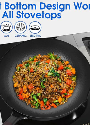 12.5 Inch Carbon Steel Wok For Electric, Induction and Gas Stoves (Lid, Spatula and User Guide Video Included)