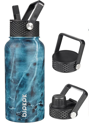 BJPKPK Insulated Water Bottles with Straw Lid, 27oz Stainless Steel Water Bottle with 3 Lids, Leak Proof BPA Free Metal Thermo, Mugs, Tumblers, Keep Cold Hot -Ocean