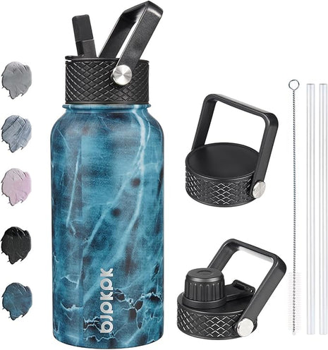 BJPKPK Insulated Water Bottles with Straw Lid, 27oz Stainless Steel Water Bottle with 3 Lids, Leak Proof BPA Free Metal Thermo, Mugs, Tumblers, Keep Cold Hot -Ocean