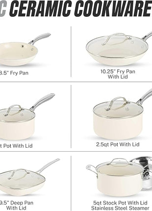 Gotham Steel 12 Pc Ceramic Cookware Set Nonstick, Ceramic Pots and Pans Set Non Stick with Steamer for Cooking, Non Toxic PFOA PFOS Free, Premium Stay Cool Handles, Oven & Dishwasher Safe