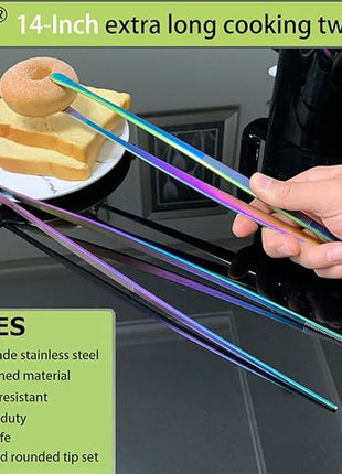 JETKONG 2 Pcs 14-Inch Culinary Tweezers Extra Long Food Tweezers Kitchen Tweezer Tongs for Cooking Grilling and BBQ (Rainbow)