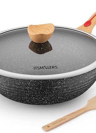 Nonstick Wok Aluminium Die-casting Chinese Wok, Scratch Resistant With Lid and Spatula, PFOA-Free, Dishwasher Safe & Induction Bottom,12 Inch,6L,Large Capacity