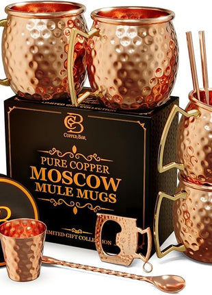 Moscow Mule Copper Mugs - Unique HANDCREFTED Gift Set of 4, Hammered by Artisan, 100% Pure Solid Copper Cups 16oz for Drinking Water & Cocktails, Include 12 Pcs accessories & Special Opener