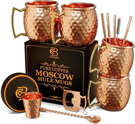 Moscow Mule Copper Mugs - Unique HANDCREFTED Gift Set of 4, Hammered by Artisan, 100% Pure Solid Copper Cups 16oz for Drinking Water & Cocktails, Include 12 Pcs accessories & Special Opener