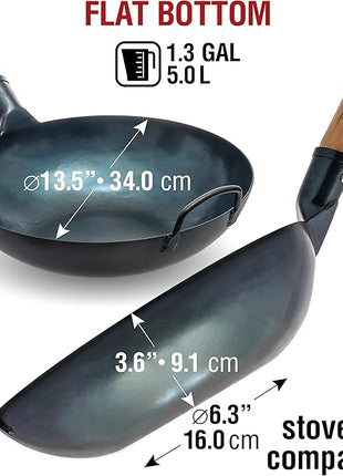 YOSUKATA 13.5” Blue Carbon Steel Wok Pan – Pre-Seasoned Flat Bottom Wok Compatible with open fire, gas, electric, ceramic, induction cooktops -Traditional Chinese Pan for Stir Fry, BBQ, Grill, Camping