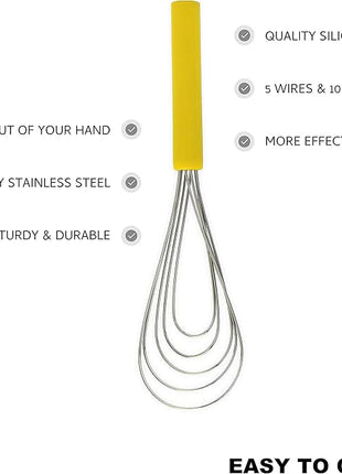 Flat Whisk Silicone Handle Non Slip 10" - 5 Wires Whisk with 10 Heads for Kitchen Cooking by Jell-Cell (Yellow)