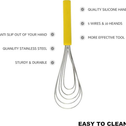 Flat Whisk Silicone Handle Non Slip 10" - 5 Wires Whisk with 10 Heads for Kitchen Cooking by Jell-Cell (Yellow)