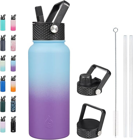 BJPKPK Insulated Water Bottles with Straw Lid, 32oz Metal Large Water Bottle with 3 Lids, Reusable Leak Proof BPA Free Thermo, Stainless Steel Tumblers for Sports, Gym, Travel-Ocean Dream