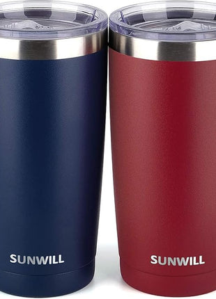 SUNWILL Travel Coffee Mug with Lid, 20 oz Tumbler Set of 2, Insulated Stainless Steel Cup for Water, Tea, Powder Coated Wine & Navy