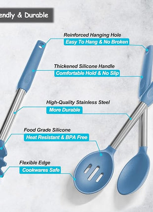 Silicone Spatula and Cooking Spoon,5 Pack Solid & Slotted Spoons and Spatulas High Heat resitant for Kitchen, Stainless Steel Handle Coated with Silicone, Non Stick Utensil, Starry blue