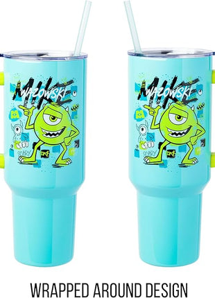 Silver Buffalo Disney Pixar Monsters Inc. Stainless Steel Tumbler with Handle Featuring Mike Wazowski, Fits in Standard Cup Holder, 40 Ounces