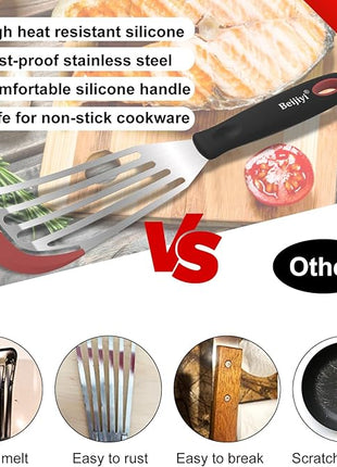 Beijiyi Fish Spatula Turner Set of 2, Heat Resistant Silicone Edge Slotted Fish Spatulas for Nonstick Cookware, Flexible and Thin Stainless Steel Kitchen Cooking Spatula Flipper for Fish, Egg, Pancake