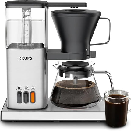 KRUPS Essential Brewer 8 Cup Drip Coffee Maker Machine, SCA-Certified, Blooming Technology, Barista-Quality, Pour Over Coffee Machine, Easy to Clean, Stainless Steel Design, Silver